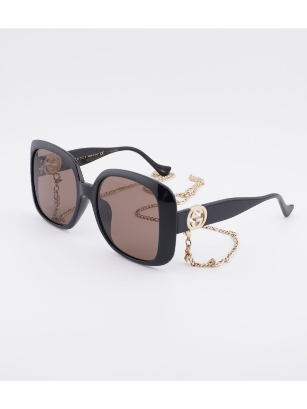 Gucci GG1029SA 005 Sunglasses Black with Gold Chain Square Frame, Brown Lenses
